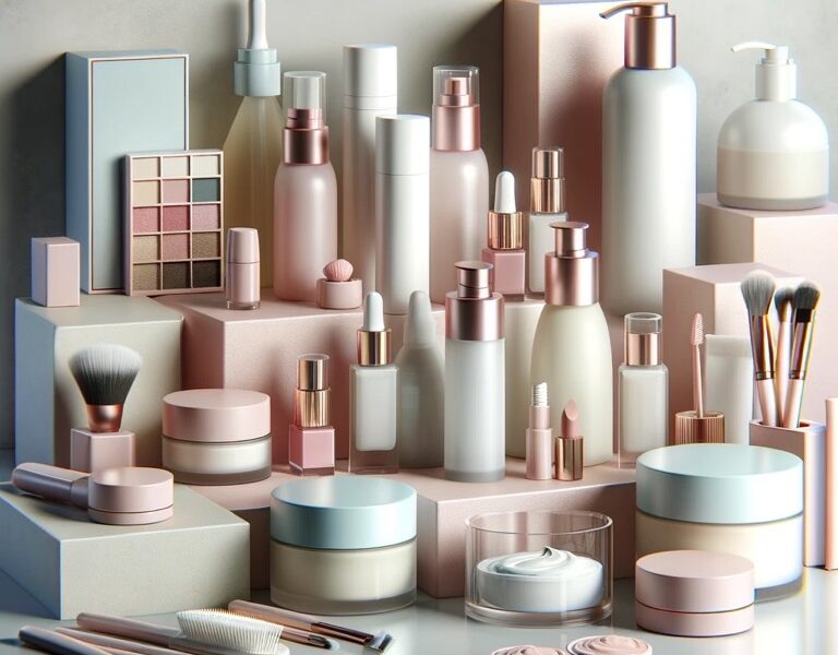 Array of beauty products in light and pink hues for a luxury beauty brand.