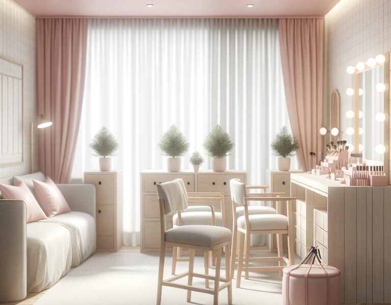 Cozy beauty salon interior with simple and neat furnishings and light pink accents.