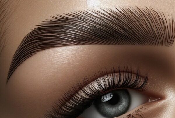 Close-up view of a perfectly microbladed eyebrow by Amanda White.