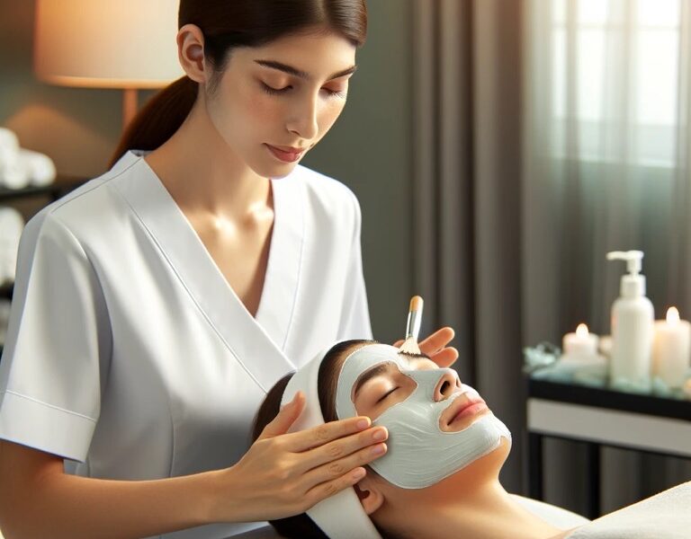 Professional aesthetician applying facial mask to client in a serene spa setting.