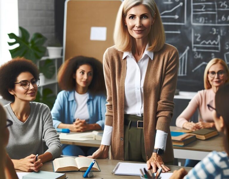 Woman teaching a diverse group of adult students in a classroom with a blackboard and educational materials.