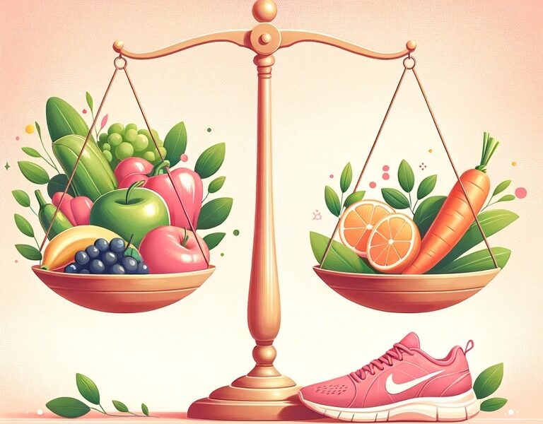 A balance scale with fruits and vegetables on one side, and running shoes on the other, symbolizing weight loss through diet and exercise.