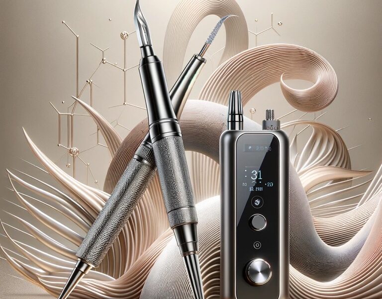 A sleek microblading hand tool alongside a modern nano brow machine, set against a minimalistic background.