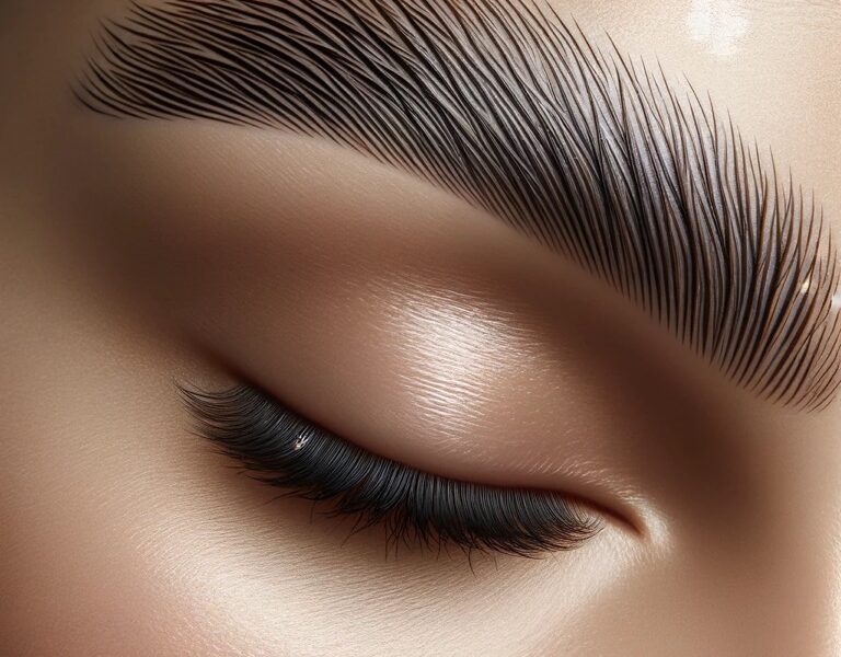 Close-up of a microbladed eyebrow showing detailed, hair-like strokes.