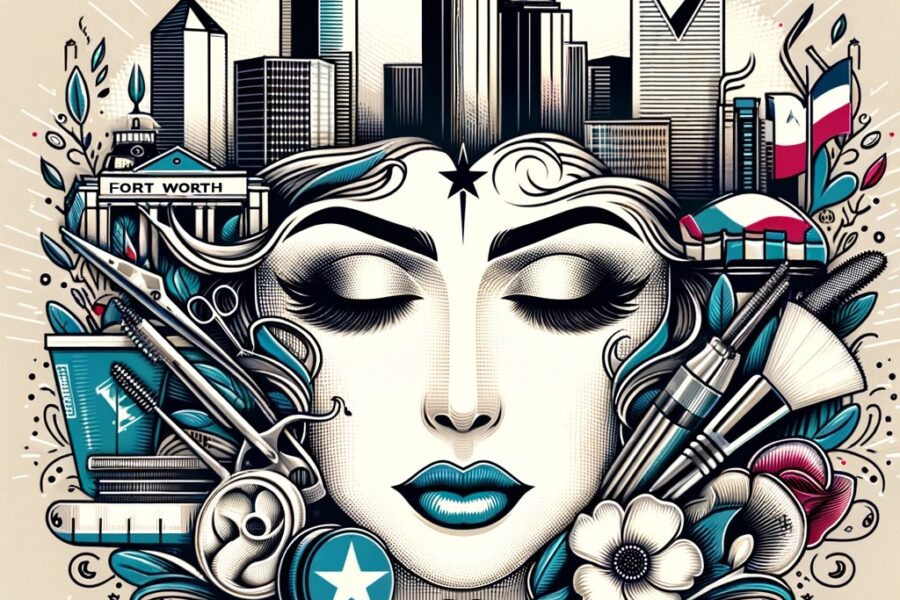 Illustration of Beauty and Eyebrow Care in Fort Worth with Microblading Elements and Texan Symbols